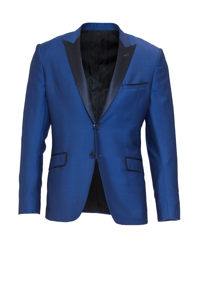 COBALT BLUE FITTED 2-BUTTON SINGLE BREASTED WOOL SUIT JACKET W/ NAVY BLUE SILK LAPEL