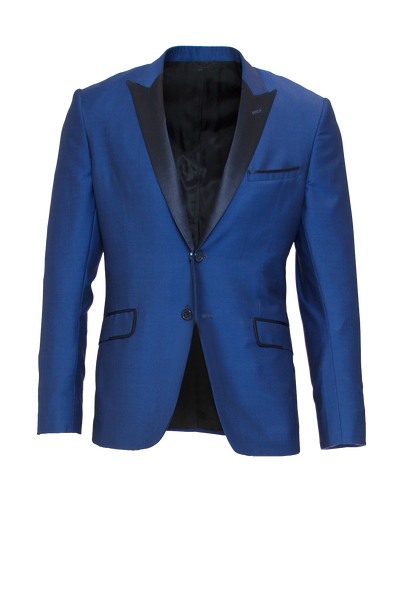 COBALT BLUE FITTED 2-BUTTON SINGLE BREASTED WOOL SUIT JACKET W/ NAVY BLUE SILK LAPEL