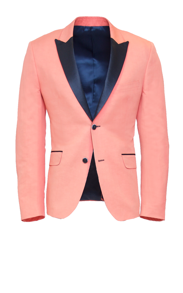 CORAL PINK FITTED 2 BUTTON SINGLE BREASTED WOOL SUIT JACKET W NAVY SATIN LAPEL
