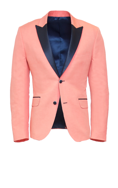 CORAL PINK FITTED 2-BUTTON SINGLE BREASTED WOOL SUIT JACKET W/ NAVY SATIN LAPEL