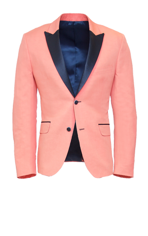 CORAL PINK FITTED 2-BUTTON SINGLE BREASTED WOOL SUIT JACKET W/ NAVY SATIN LAPEL