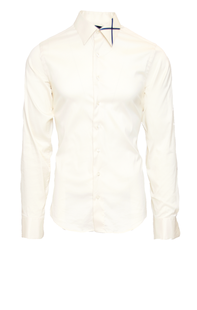 CRISP CREAM FITTED COTTON DRESS SHIRT W/ NAVY SATIN X ICON