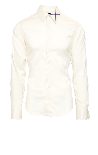 CRISP CREAM FITTED COTTON DRESS SHIRT W/ NAVY SATIN X ICON