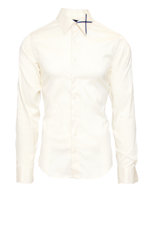 CRISP CREAM FITTED COTTON DRESS SHIRT W/ NAVY SATIN X ICON
