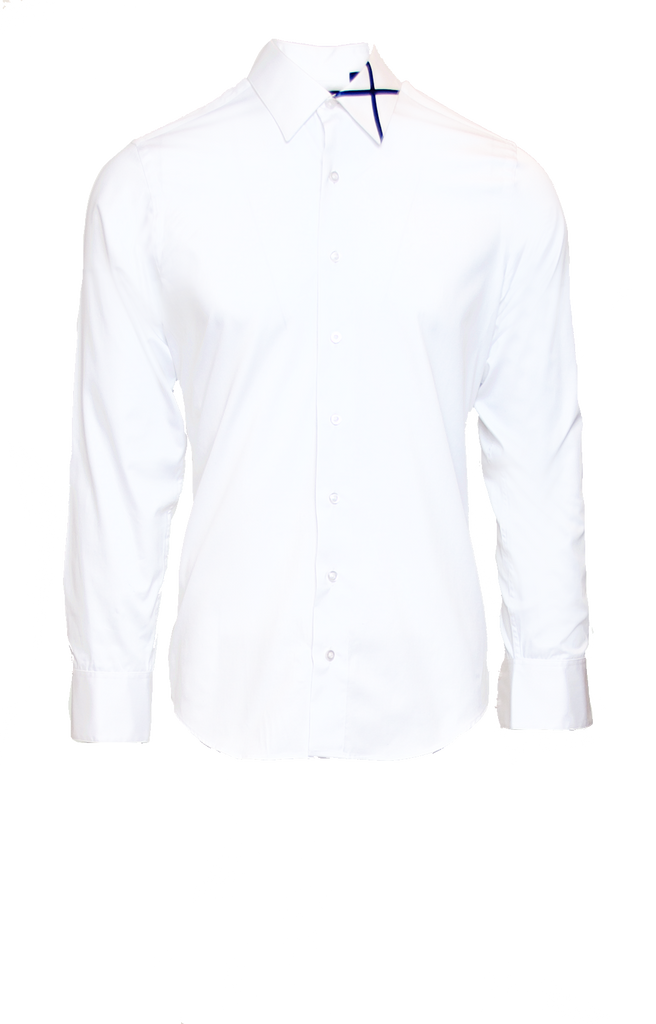 CRISP WHITE FITTED COTTON DRESS SHIRT W/ NAVY SATIN X ICON