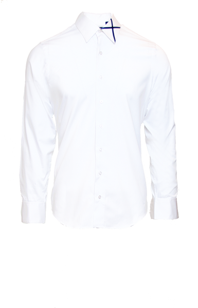 CRISP WHITE FITTED COTTON DRESS SHIRT W/ NAVY SATIN X ICON