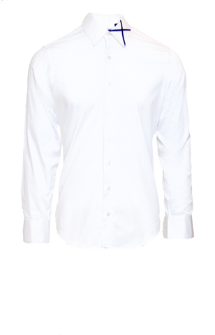 CRISP WHITE FITTED COTTON DRESS SHIRT W/ NAVY SATIN X ICON