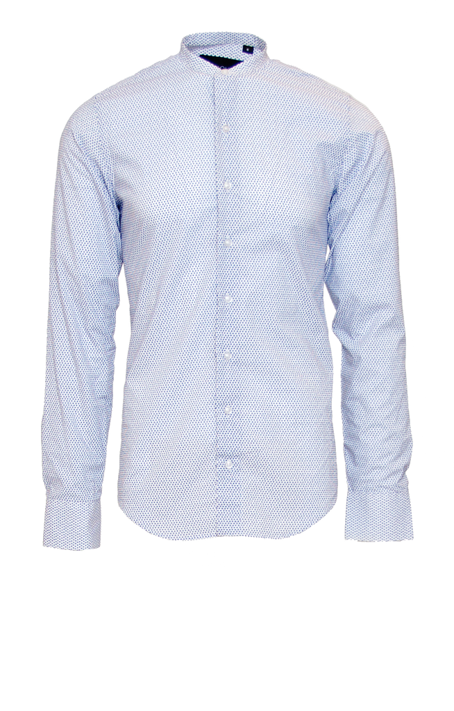 CRISP WHITE W/ BLUE FLORAL DOTTED PRINT FITTED COTTON DRESS HENLEY