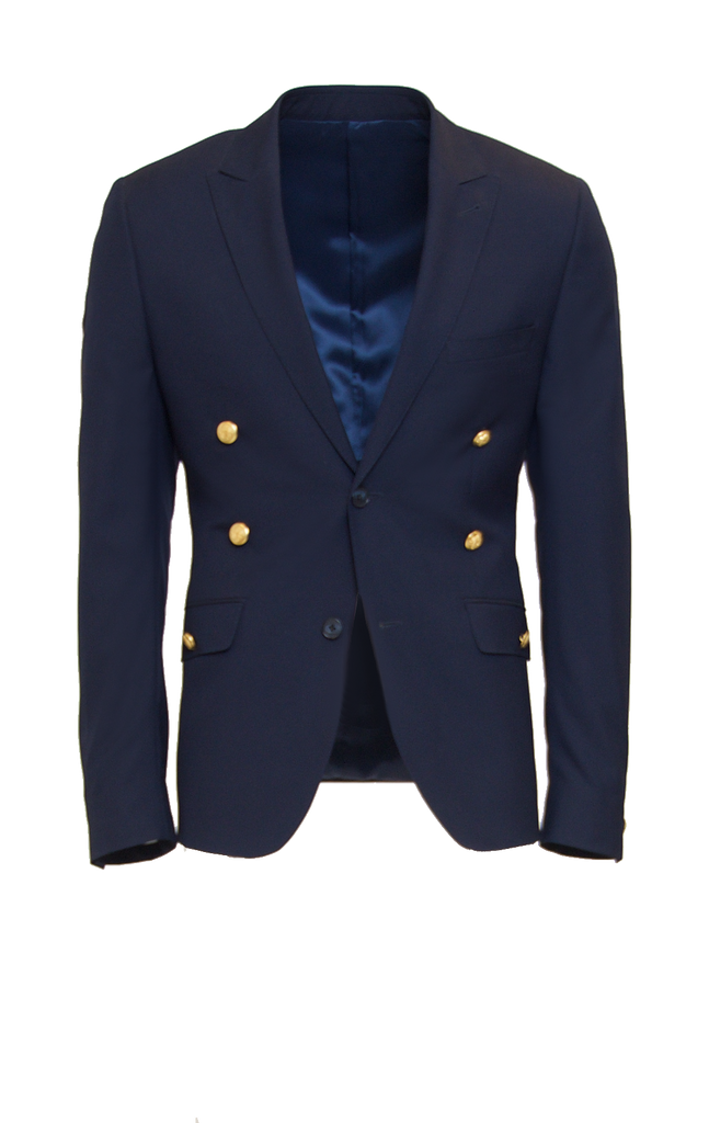 DEEP NAVY FITTED 2-BUTTON SINGLE BREASTED WOOL SUIT JACKET W/ GOLD HARDWARE