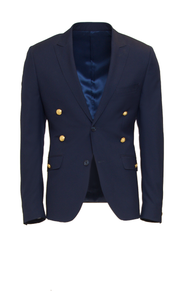 DEEP NAVY FITTED 2-BUTTON SINGLE BREASTED WOOL SUIT JACKET W/ GOLD HARDWARE