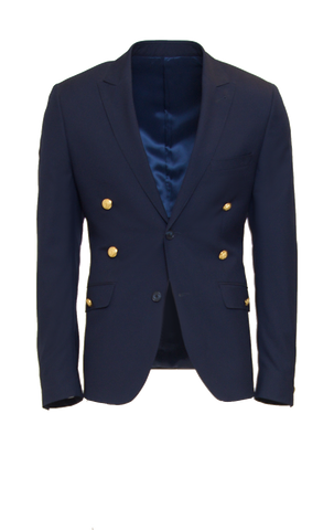 DEEP NAVY FITTED 2-BUTTON SINGLE BREASTED WOOL SUIT JACKET W/ GOLD HARDWARE