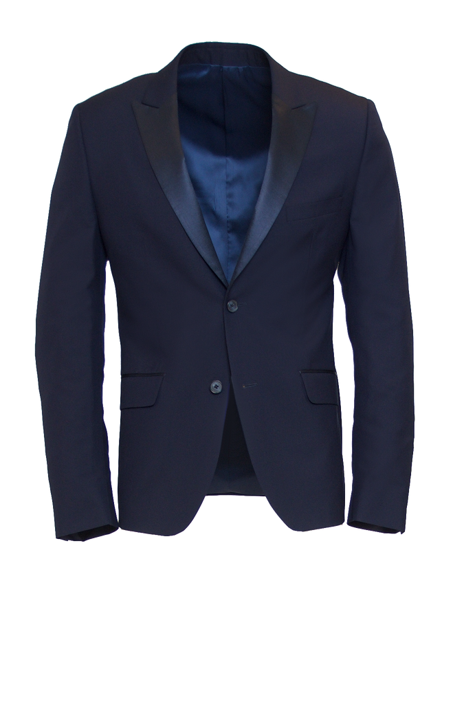 DEEP NAVY FITTED 2-BUTTON SINGLE BREASTED WOOL TUXEDO JACKET W/ NAVY SATIN LAPEL