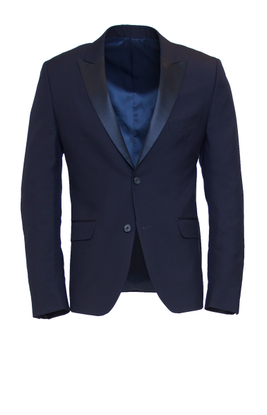 DEEP NAVY FITTED 2-BUTTON SINGLE BREASTED WOOL TUXEDO JACKET W/ NAVY SATIN LAPEL