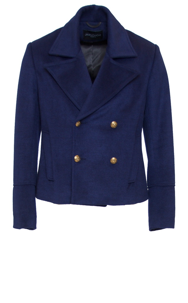 DEEP NAVY FITTED 6X6 BUTTON DOUBLE BREASTED WOOL SHORT PEACOAT W/ GOLD HARDWARE