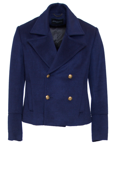 DEEP NAVY FITTED 6X6 BUTTON DOUBLE BREASTED WOOL SHORT PEACOAT W/ GOLD HARDWARE