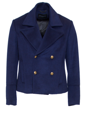 DEEP NAVY FITTED 6X6 BUTTON DOUBLE BREASTED WOOL SHORT PEACOAT W/ GOLD HARDWARE