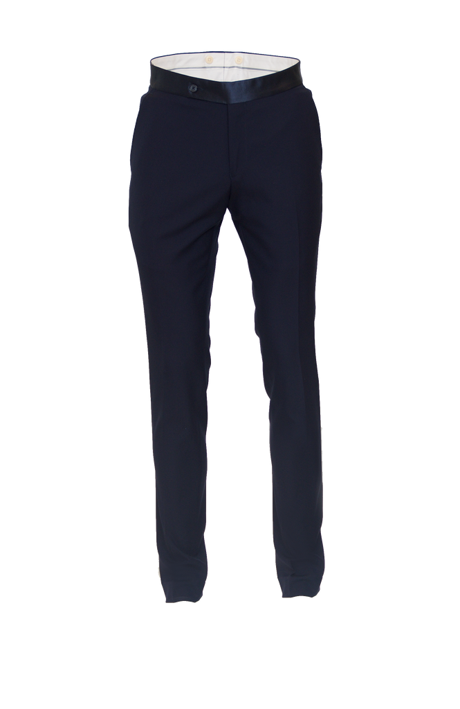 DEEP NAVY FITTED WOOL TUXEDO TROUSER W/ NAVY SATIN STRIPE