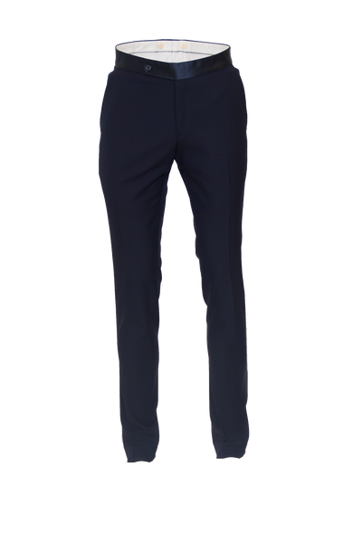 DEEP NAVY FITTED WOOL TUXEDO TROUSER W/ NAVY SATIN STRIPE