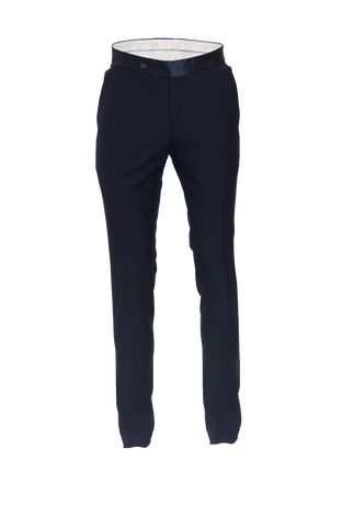 DEEP NAVY FITTED WOOL TUXEDO TROUSER W/ NAVY SATIN STRIPE