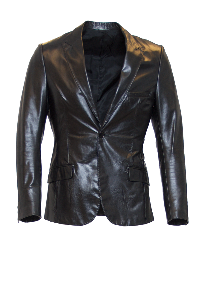 JET BLACK FITTED 2-BUTTON SINGLE BREASTED LEATHER BLAZER
