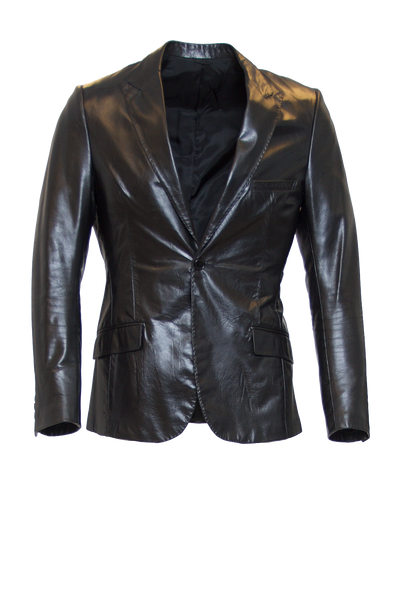 JET BLACK FITTED 2-BUTTON SINGLE BREASTED LEATHER BLAZER