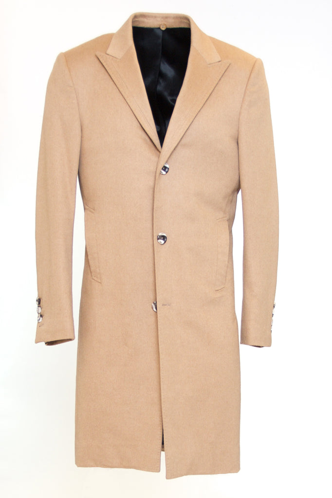JET BLACK FITTED 4-BUTTON SINGLE BREASTED CASHMERE TOPCOAT