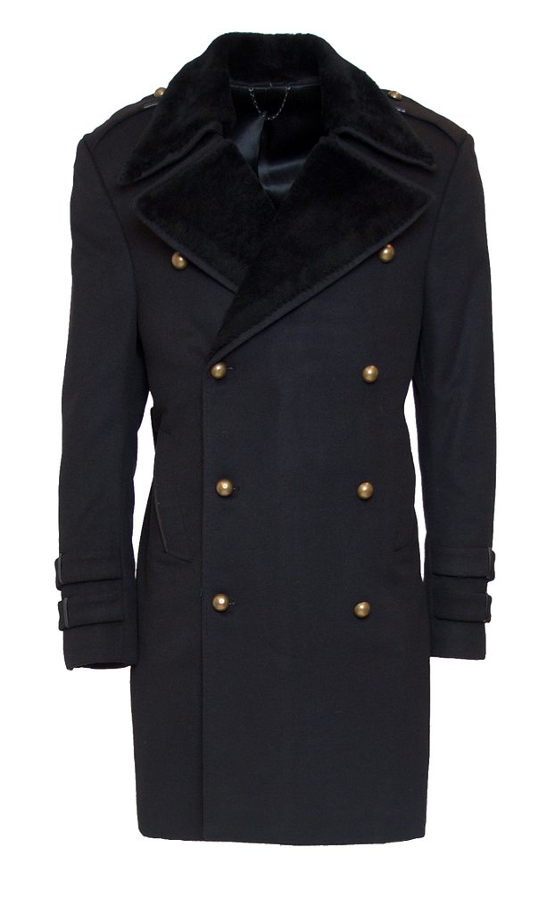 JET BLACK FITTED 6X6 BUTTON DOUBLE BREASTED CASHMERE TOPCOAT W/ JET BLACK MERINO SHEEP WOOL LAPEL