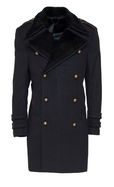 JET BLACK FITTED 6X6 BUTTON DOUBLE BREASTED CASHMERE TOPCOAT W/ JET BLACK MERINO SHEEP WOOL LAPEL