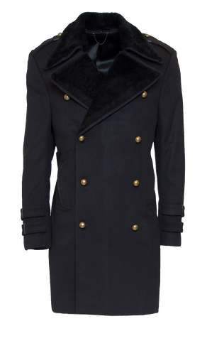 JET BLACK FITTED 6X6 BUTTON DOUBLE BREASTED CASHMERE TOPCOAT W/ JET BLACK MERINO SHEEP WOOL LAPEL