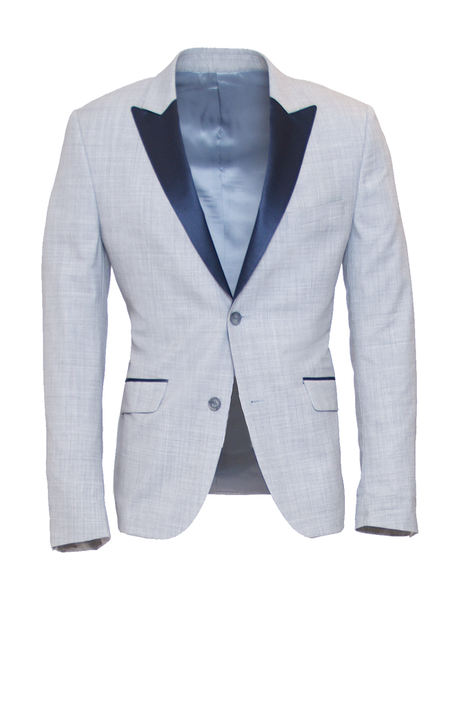 LIGHT GREY FITTED 2-BUTTON SINGLE BREASTED WOOL TUXEDO JACKET W/ NAVY SATIN LAPEL