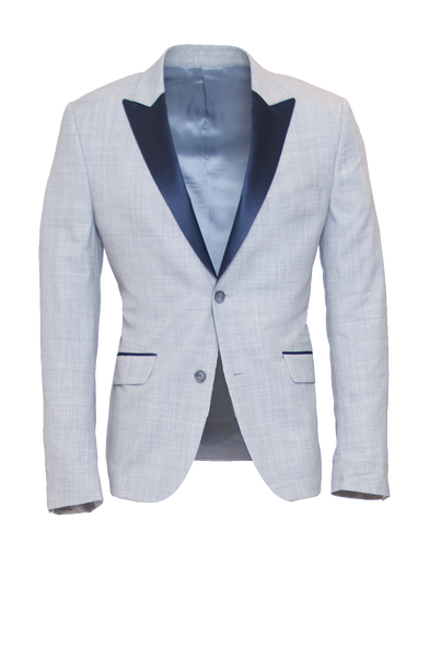 LIGHT GREY FITTED 2-BUTTON SINGLE BREASTED WOOL TUXEDO JACKET W/ NAVY SATIN LAPEL