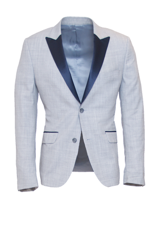 LIGHT GREY FITTED 2-BUTTON SINGLE BREASTED WOOL TUXEDO JACKET W/ NAVY SATIN LAPEL