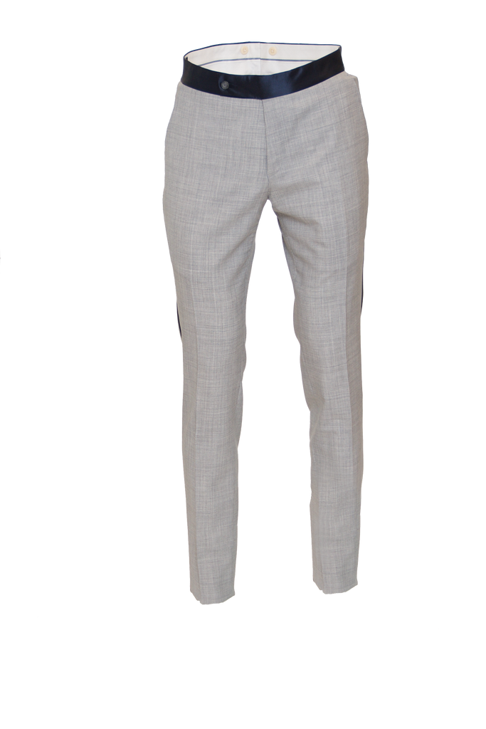 LIGHT GREY FITTED WOOL SUIT TROUSER W/ NAVY SATIN STRIPE