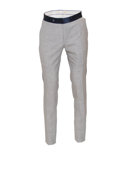LIGHT GREY FITTED WOOL SUIT TROUSER W/ NAVY SATIN STRIPE