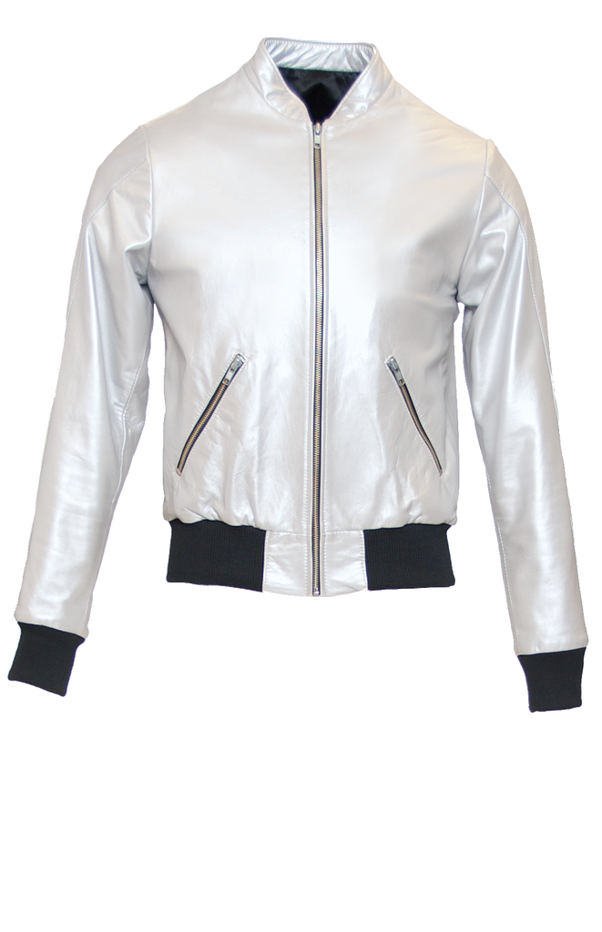 SILVER FITTED LEATHER BOMBER