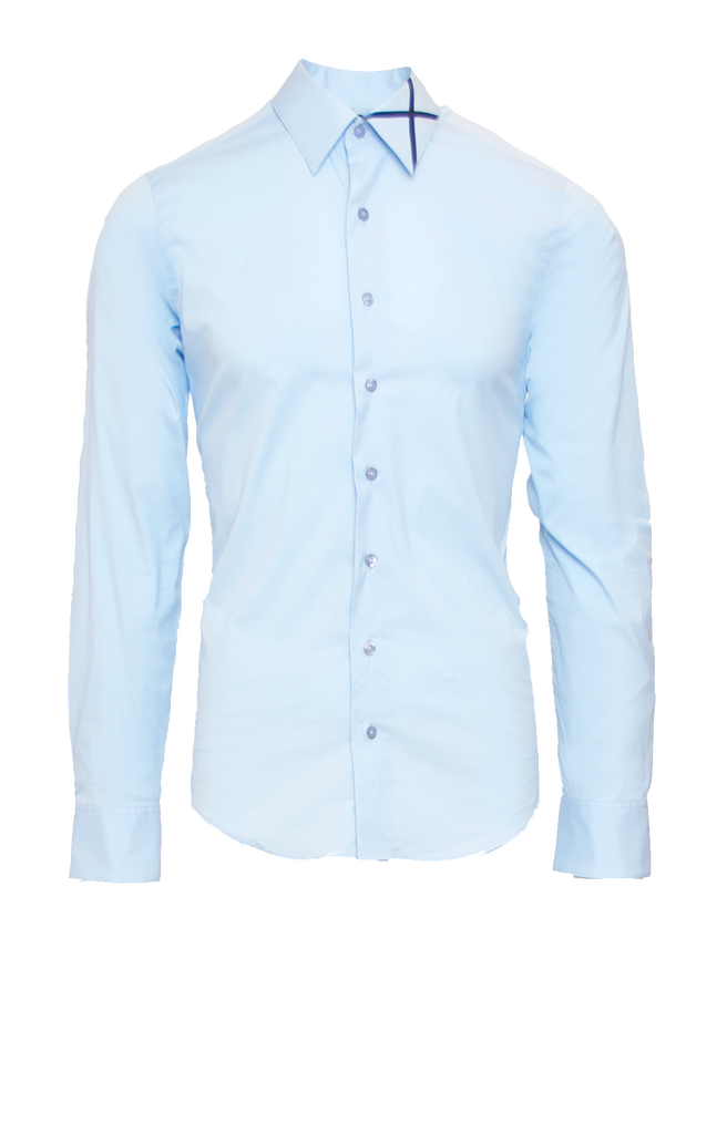 SKY BLUE FITTED COTTON DRESS SHIRT W/ NAVY SATIN X ICON