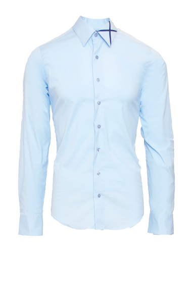 SKY BLUE FITTED COTTON DRESS SHIRT W/ NAVY SATIN X ICON