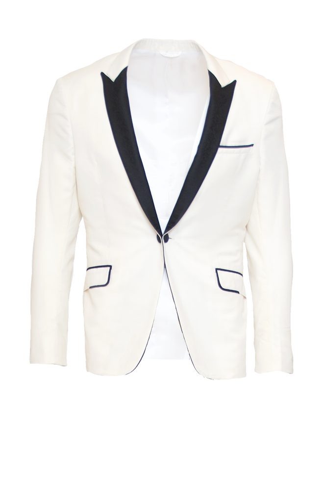 VANILLA FITTED 2-BUTTON SINGLE BREASTED WOOL TUXEDO JACKET W/ JET BLACK PRINTED SILK LAPEL
