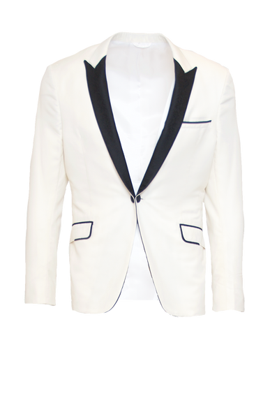 VANILLA FITTED 2-BUTTON SINGLE BREASTED WOOL TUXEDO JACKET W/ JET BLACK PRINTED SILK LAPEL