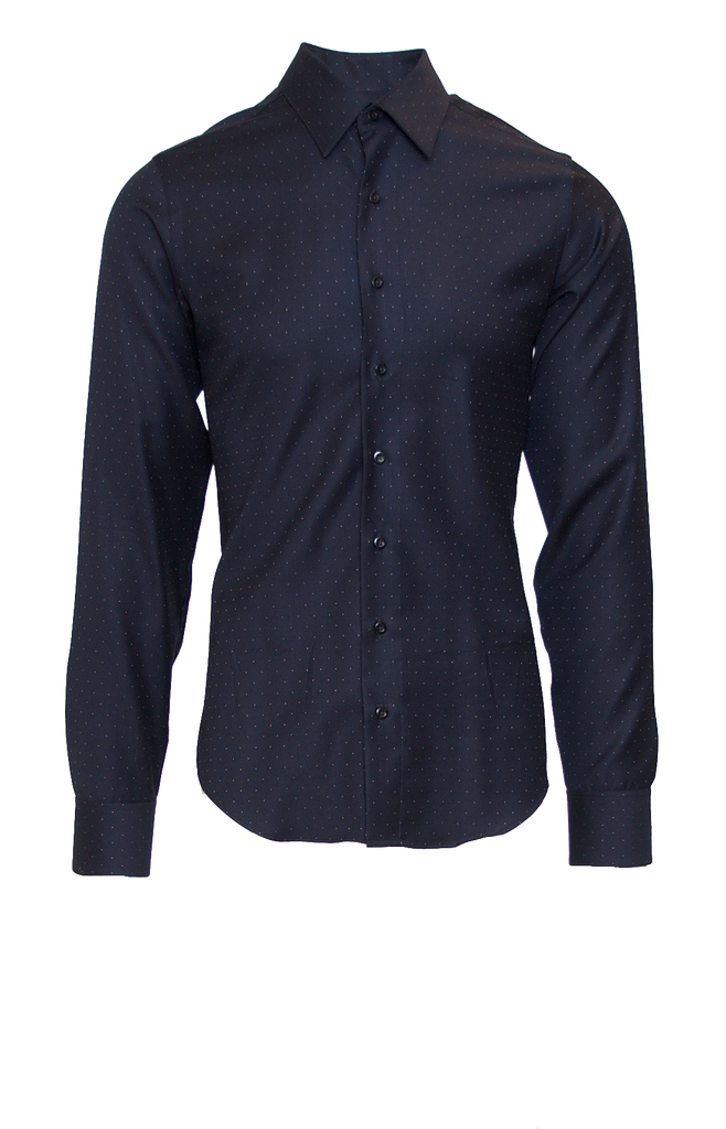WHITE DOTTED DEEP NAVY FITTED COTTON DRESS SHIRT